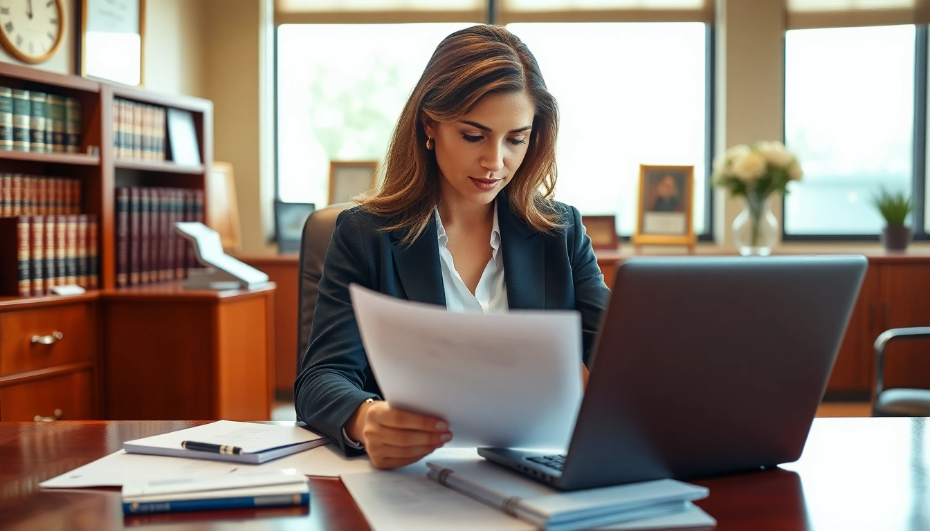 Orlando Injury Lawyer analyzing legal documents in a bright, professional office setting.