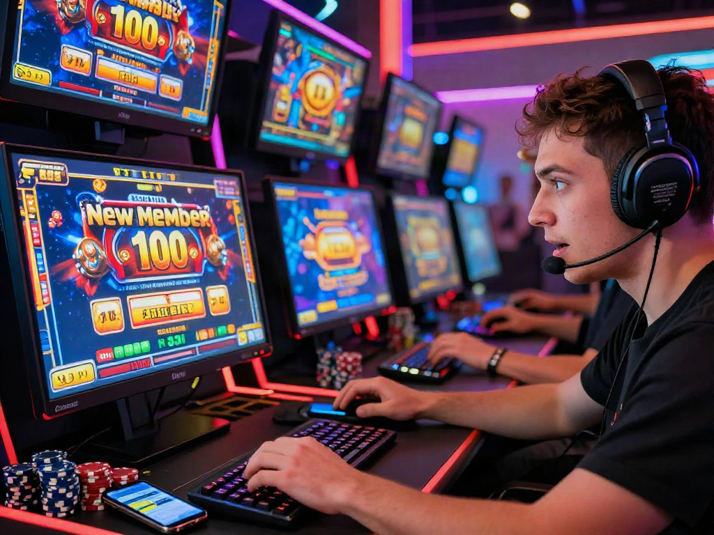 Engaging online casino scene featuring player excited over slot bonus new member 100 offers at a colorful gaming setup.