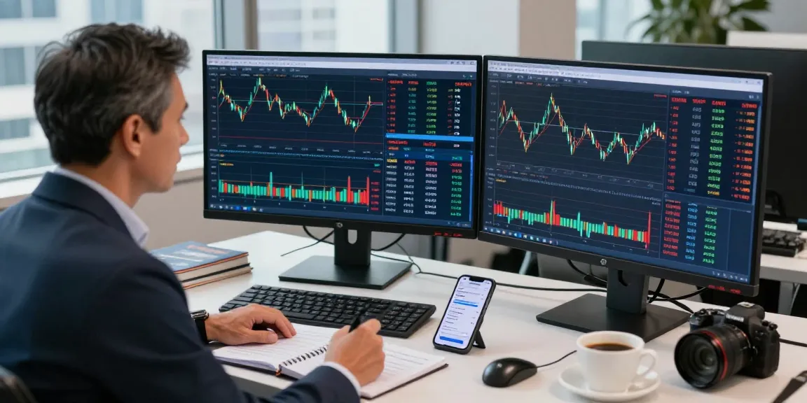 Trader analyzing NASDAQ live data in a modern financial office with dual monitors.