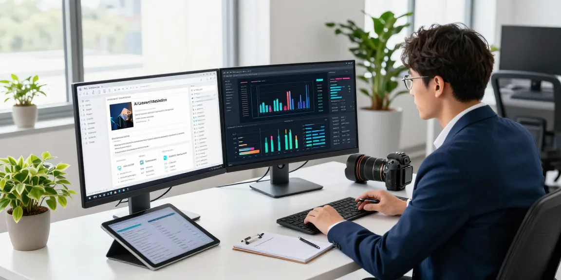AI image detector analyzing content moderation data in a modern tech workspace.