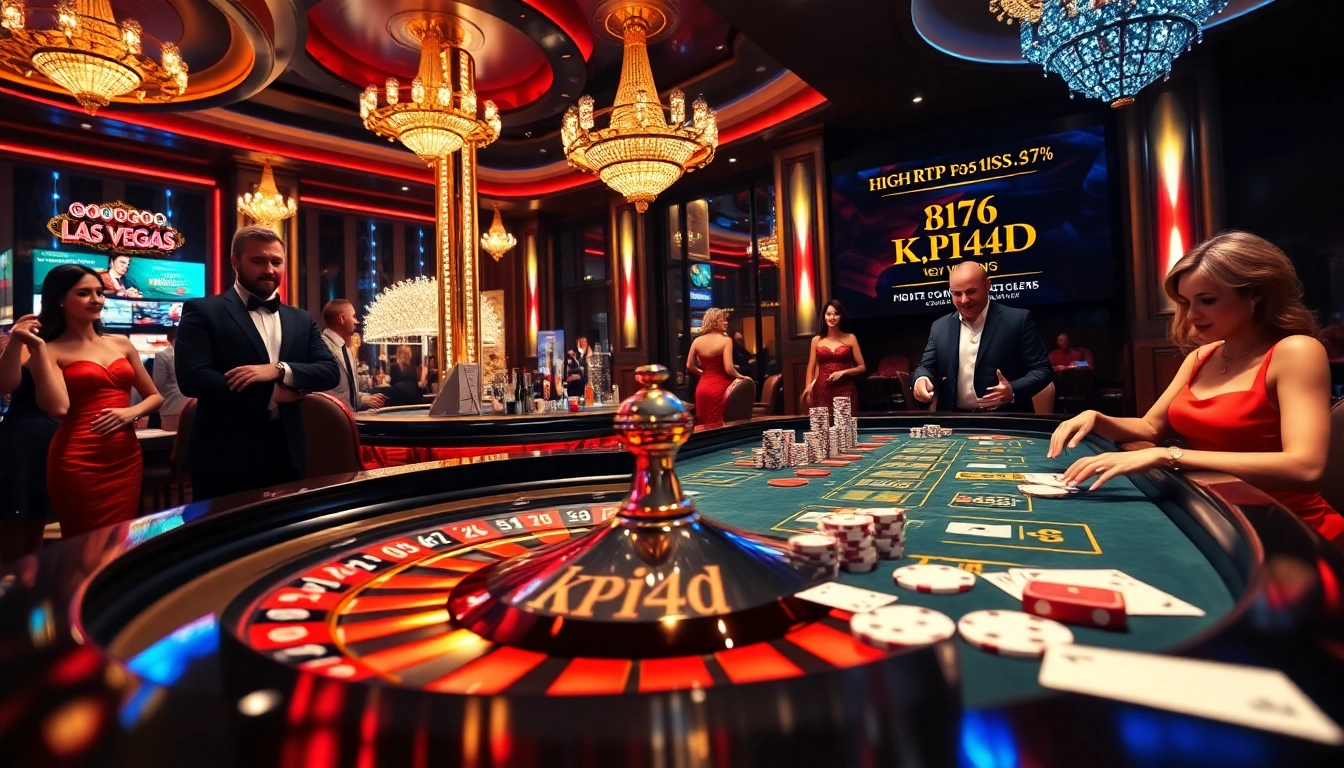 KPI4D gambling excitement at a luxurious casino table with players, cards, and roulette wheel