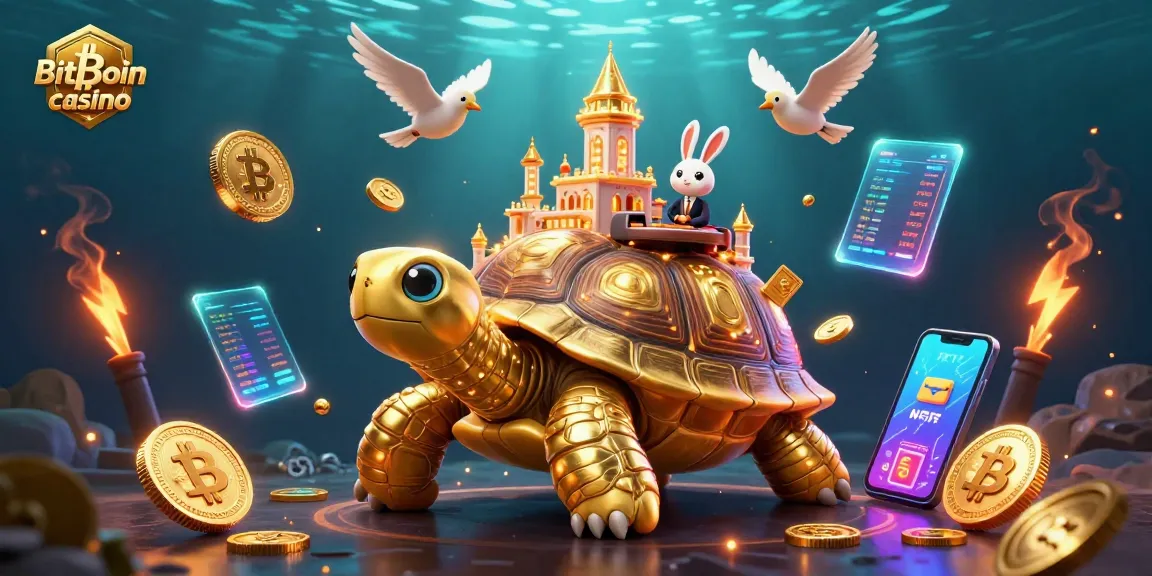 Jouez dans un Bitcoin casino avec une illustration dynamique de tortue dorée et des pièces volantes.