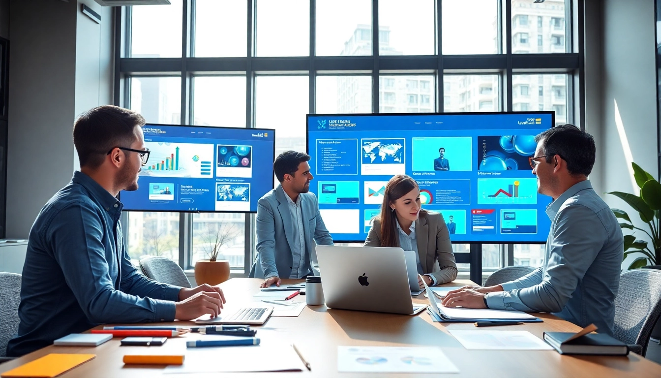 Web design company team collaborating on user-friendly websites in a modern office.
