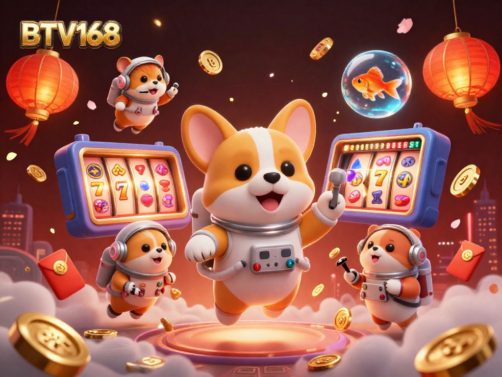 Engage in thrilling gaming with BTV168 amidst floating coins and slot reels.