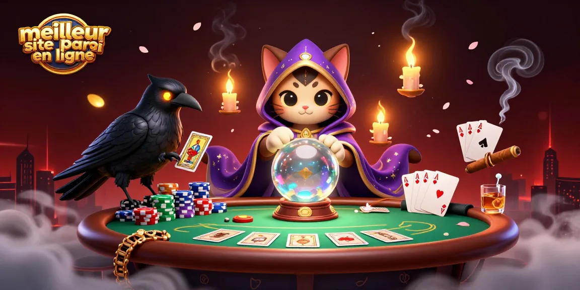Visualisez le meilleur site de pari en ligne avec un chat voyant et un corbeau aux cartes, élément captivant de casino.