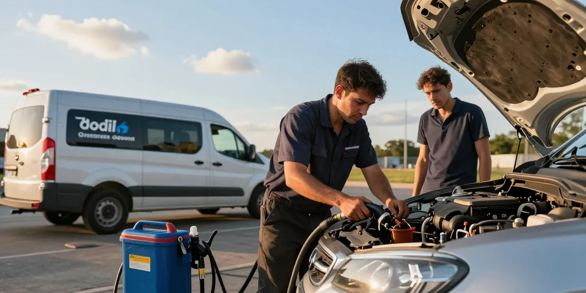 Petrol in diesel car being drained by an expert mechanic in a warm outdoor setting.