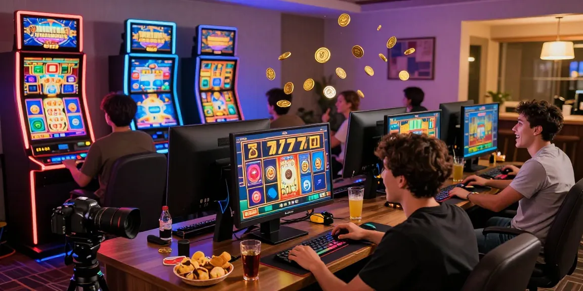 Exciting online gaming atmosphere around a slot777 game setup with friends enjoying a virtual casino night.