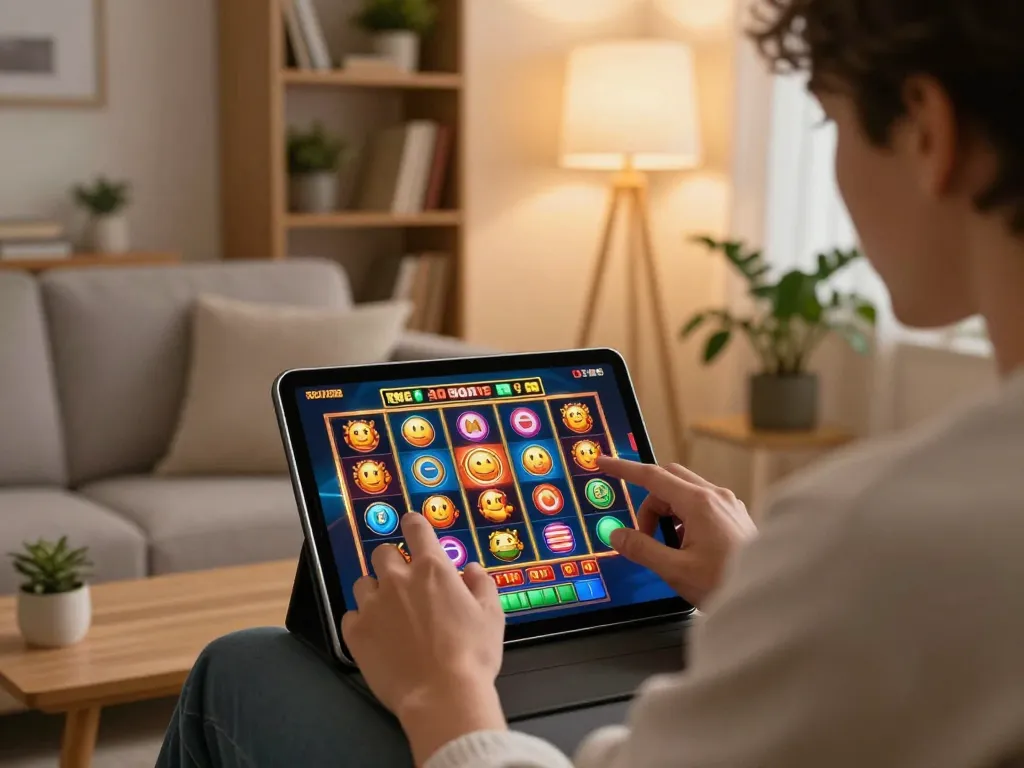 Experience the excitement of online gaming with alexis77 in a cozy home setting playing slots