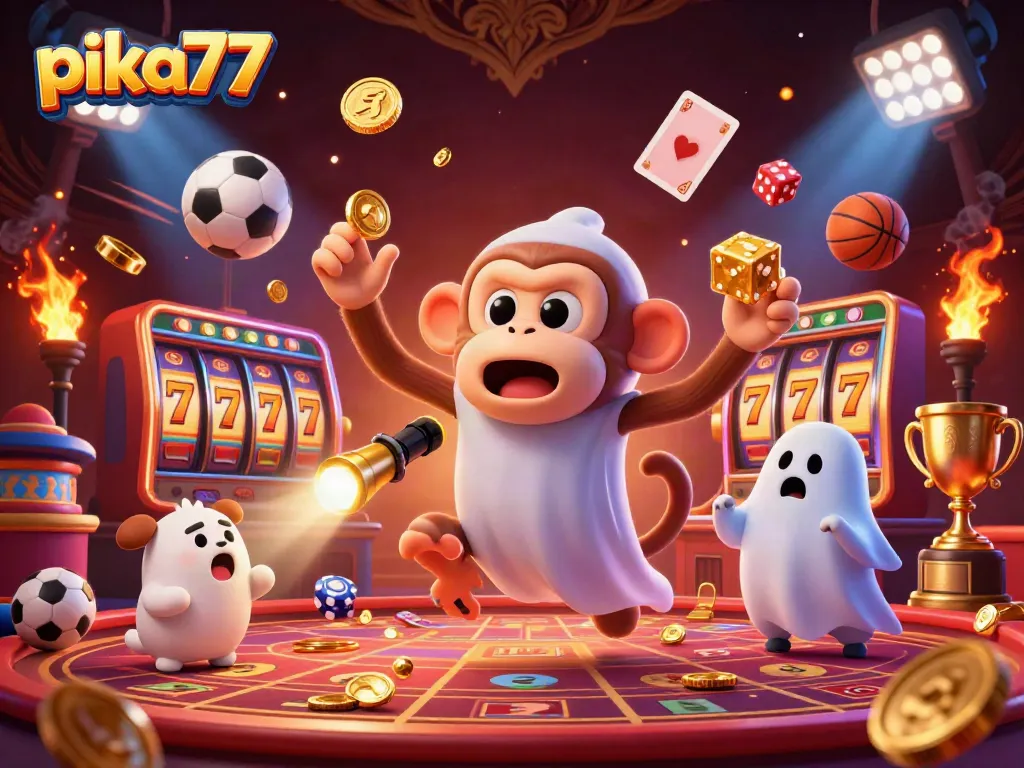 Experience thrilling moments with pika77 in a haunted casino scene featuring a mischievous monkey and a ghost-hunter puppy juggling golden objects.