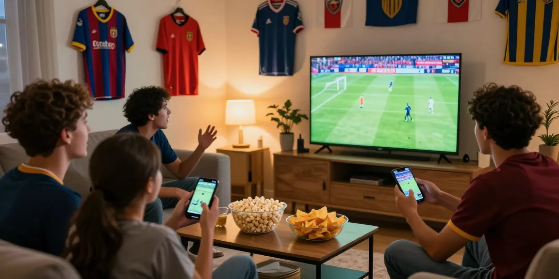 Suasana nobar live bola di ruang tamu dengan penggemar antusias menonton pertandingan.