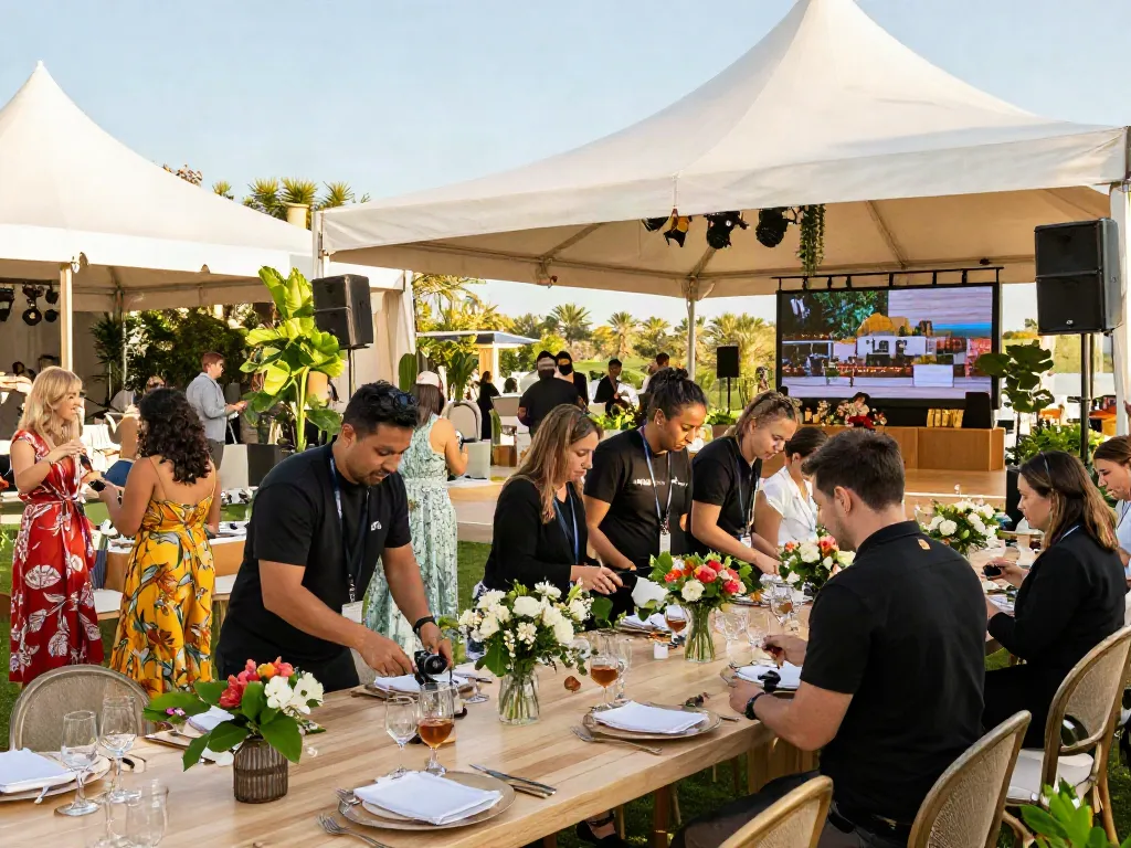 Event rentals showcased at a vibrant outdoor venue with elegant decor and sound equipment.