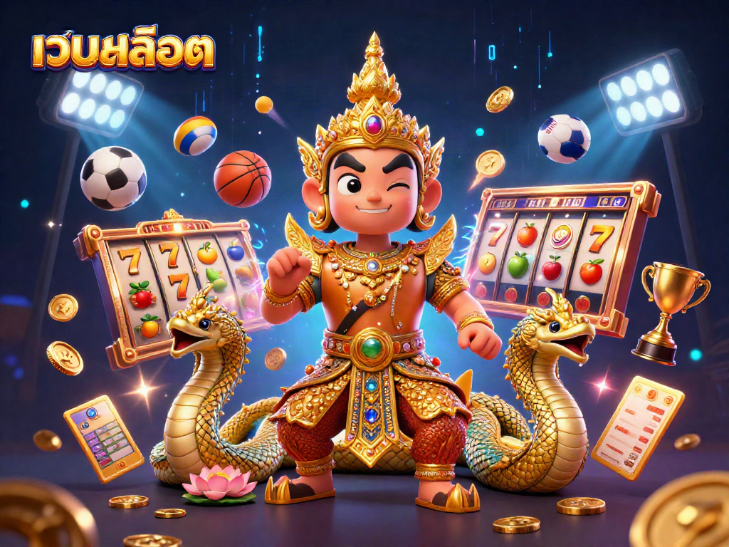 Experience the excitement of เว็บสล็อต with vibrant characters and dynamic casino elements in a luxurious 3D illustration.