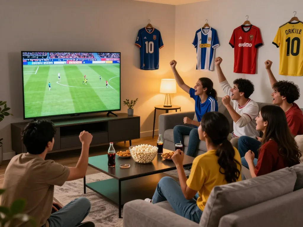 Excited friends enjoying a live football match on Cakhia tv in a cozy living room.