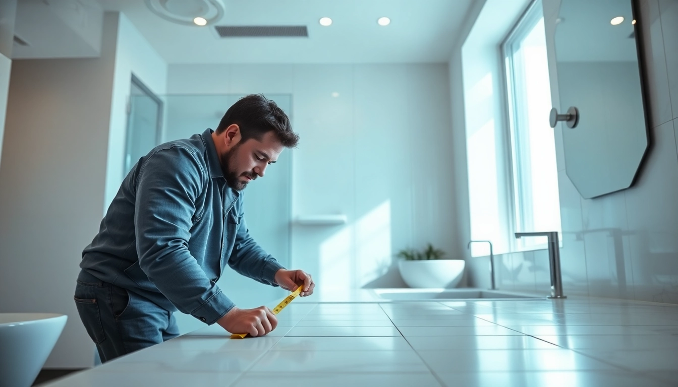 Skilled bathroom remodel contractor measuring tiles in a beautifully renovated bathroom.