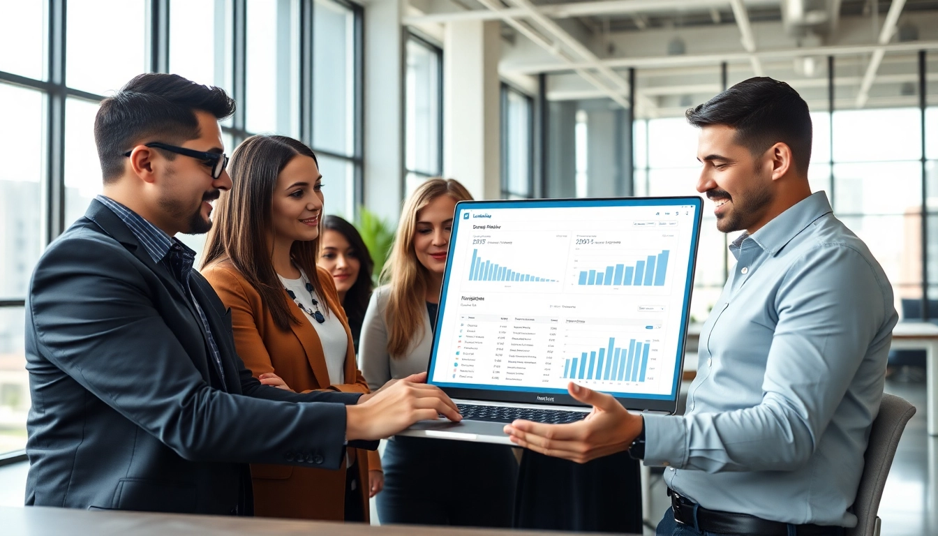 Utilize a linkedin sales navigator scraper in a modern office, showcasing a collaborative business team.