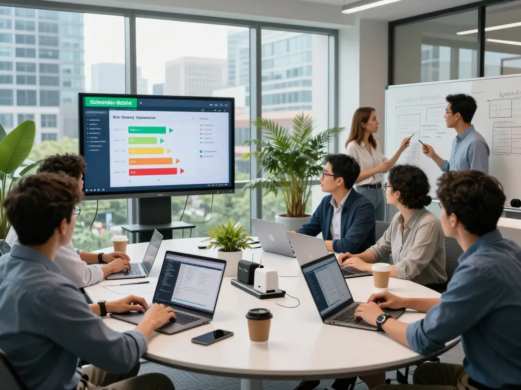 Team collaborating on Schneider Electric energy management solutions in a modern office space.