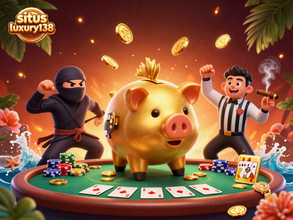Situs luxury138 menampilkan ilustrasi kasino dengan pemenang dan pertandingan seru di latar belakang yang menarik