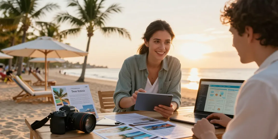 Client discussing travel advisor crm details at a sunset beach location.