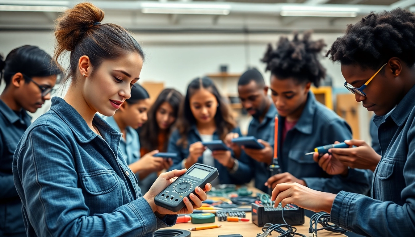 Active participants in an electrical apprenticeship training program engaging with tools and equipment.