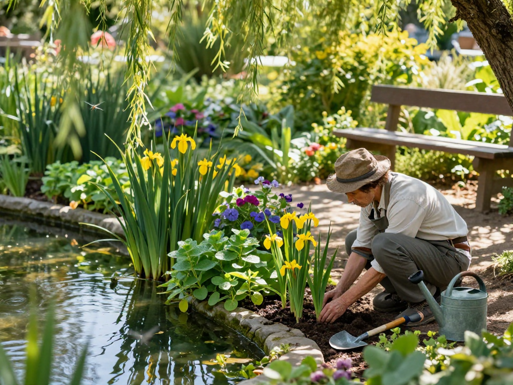 Gardener planting Marginal Pond Plants by tranquil pond, surrounded by lush greenery and flowers.