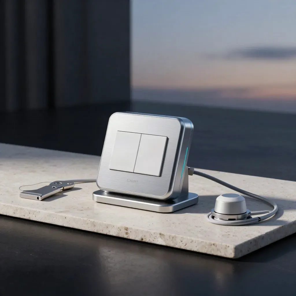 Smart home control hub with installation kit on stone in dramatic blue-hour studio light