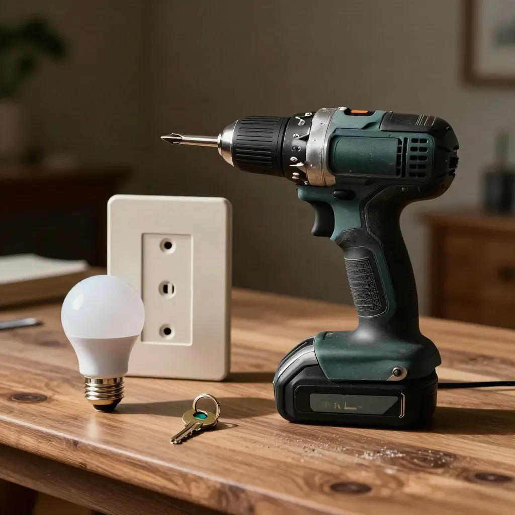 Cordless screwdriver, bulb packaging, wall plate and brass key ring on walnut in dramatic studio light.