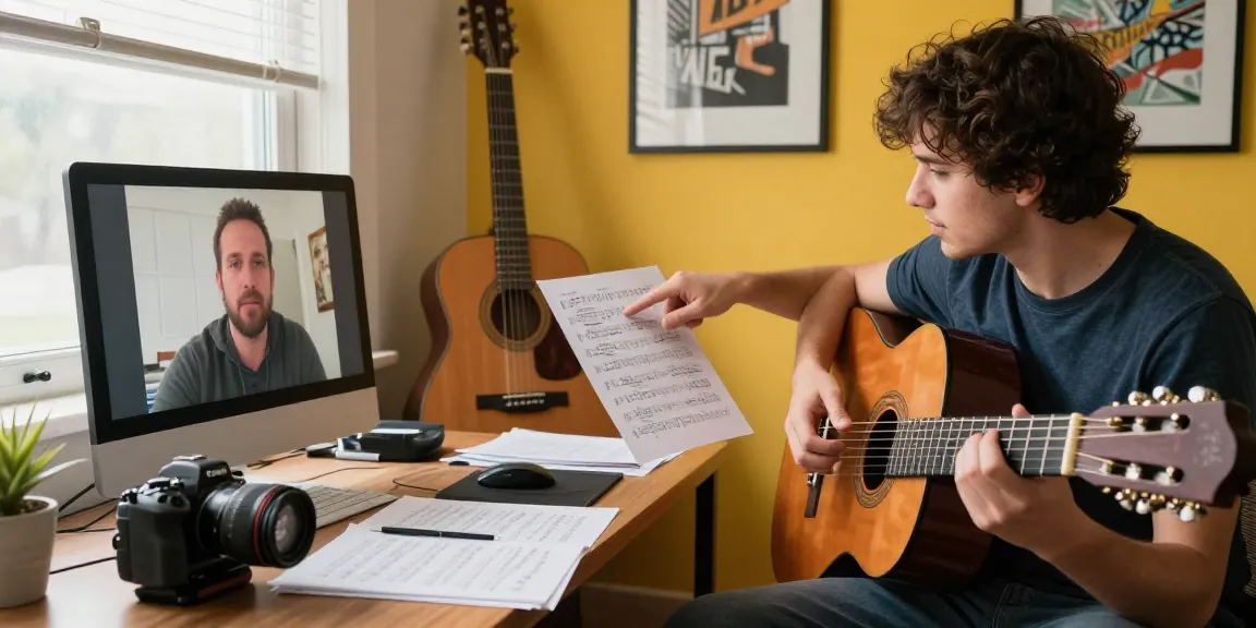 Engaged student learning from a classical guitar teacher online with personalized instruction.