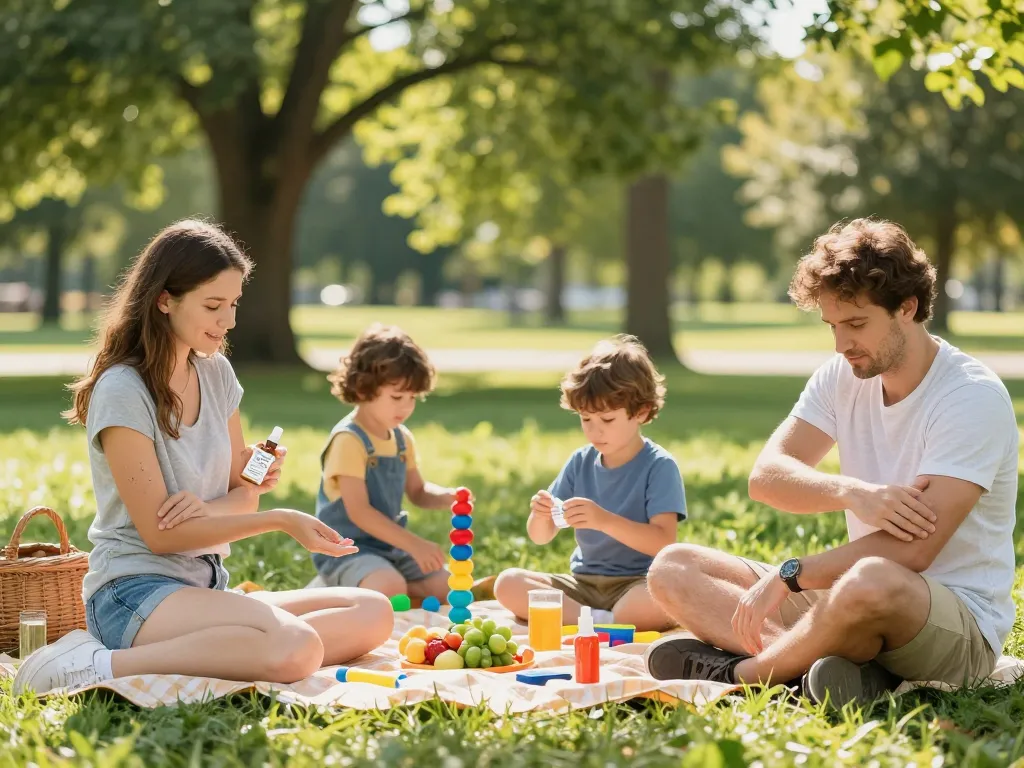 Family applying the best mosquito repellent during a sunny picnic in the park.