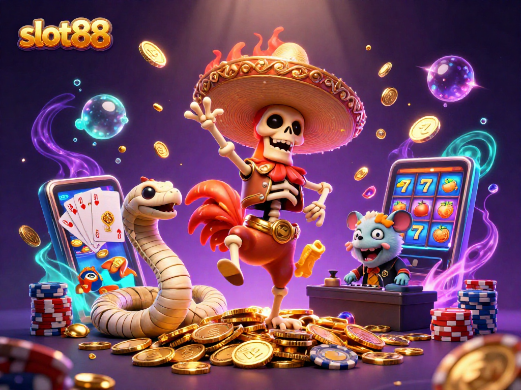 Experience slot88 excitement with vibrant characters dancing amidst gold coins and dynamic slot machine reels.