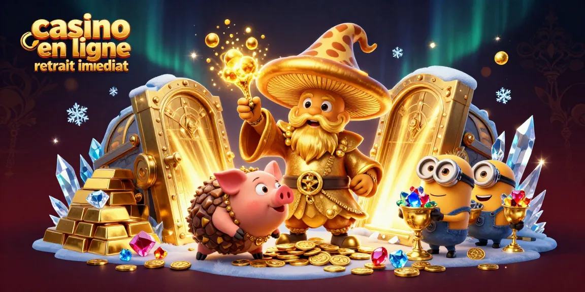 Illustration dynamique d'un casino en ligne retrait immédiat avec un mage et des trésors scintillants.