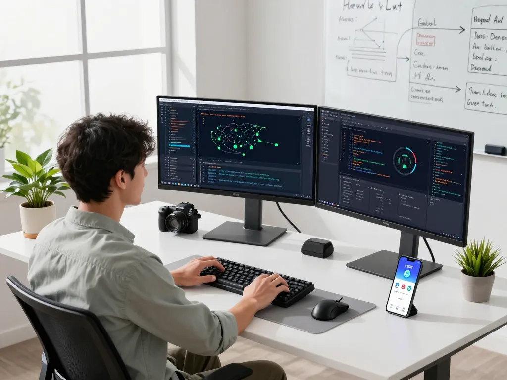 Developer optimizing 快连 network performance in modern workspace with multiple monitors and tech gadgets.