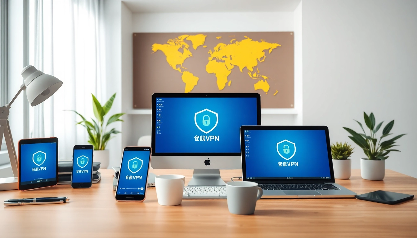 在现代工作空间的多设备上显示的快连 VPN 界面,象征全球互联与安全。