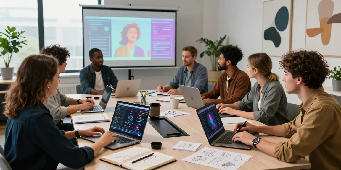 Creators collaborating on ai porn content using technology in an innovative office setting.