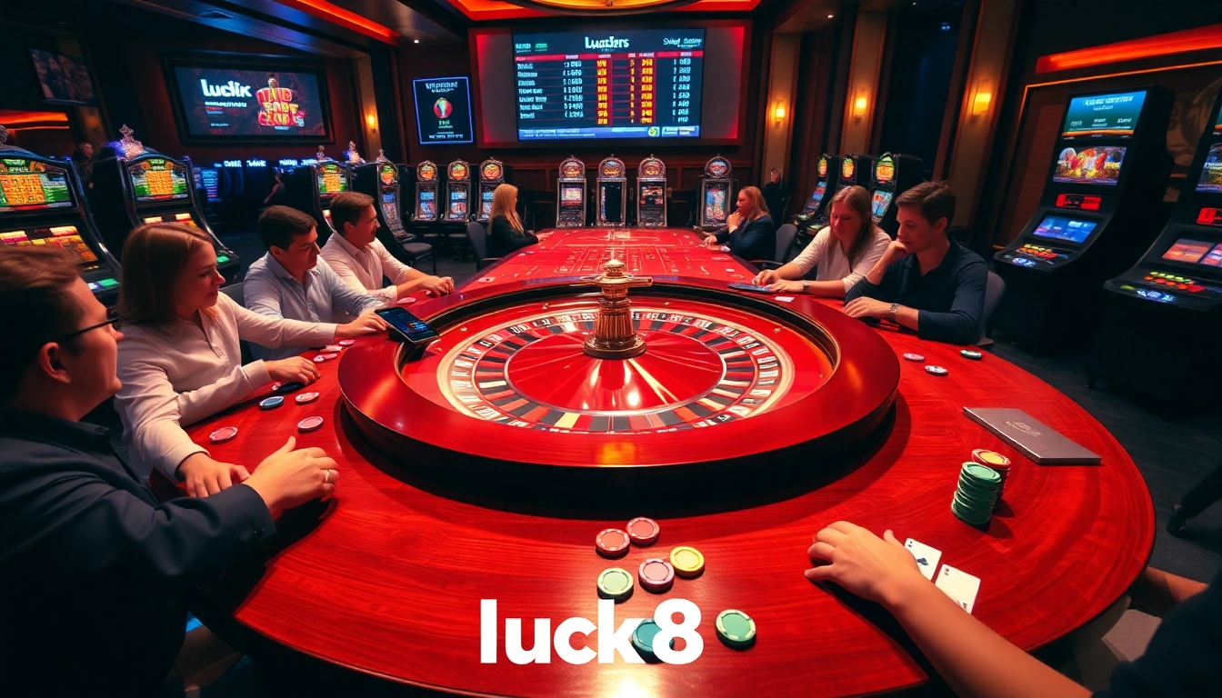 Players engaging in a thrilling roulette game at Luck8 casino, showcasing vibrant chips and high stakes.