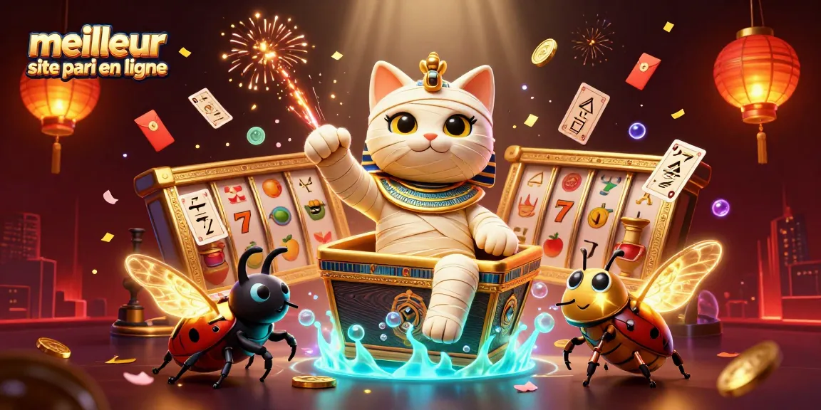 Découvrez le meilleur site de paris en ligne avec une illustration éblouissante d'un chat momie et des éléments de casino captivants.