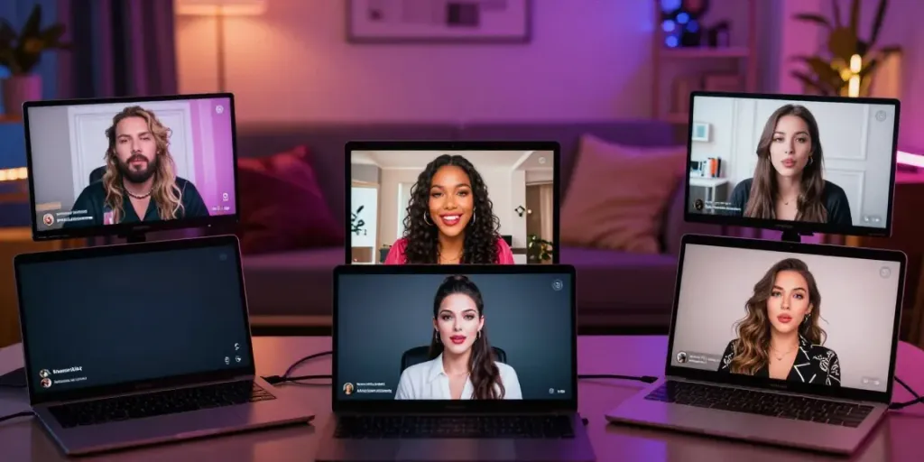 Live porn interaction featuring diverse performers in engaging webcam setups.