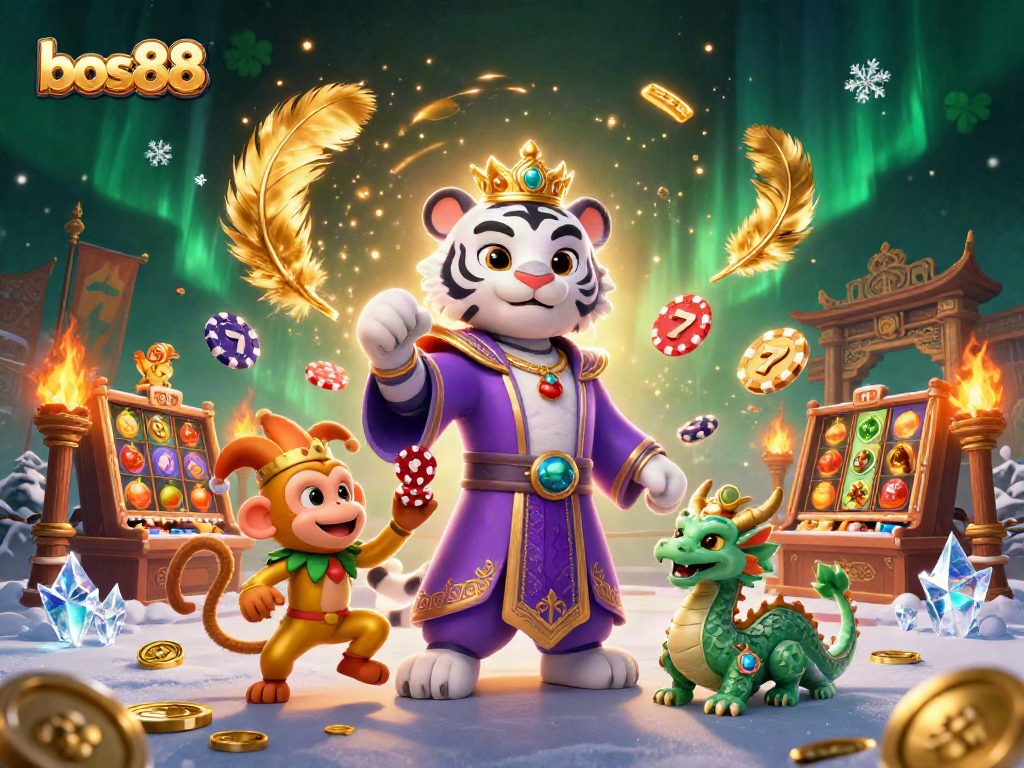 Memainkan slot menarik di bos88 dengan harimau putih elegan dan monyet emas yang mengocok chip poker.