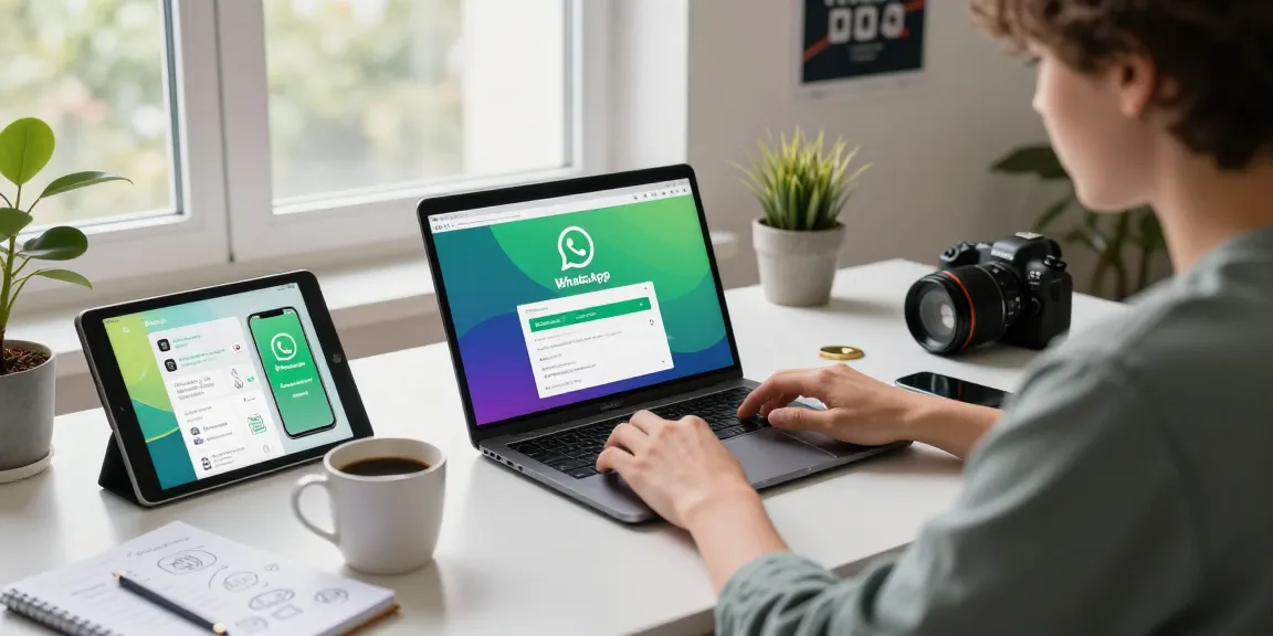 Downloading WhatsApp in a modern workspace with tech gadgets and natural light.