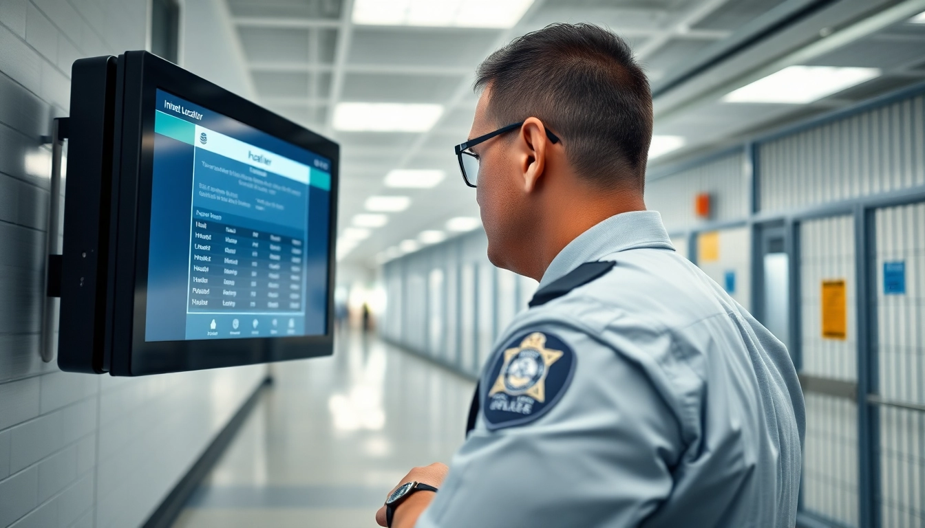 Using the Orange County Jail Inmate Locator, an officer interacts with a digital interface displaying inmate details.