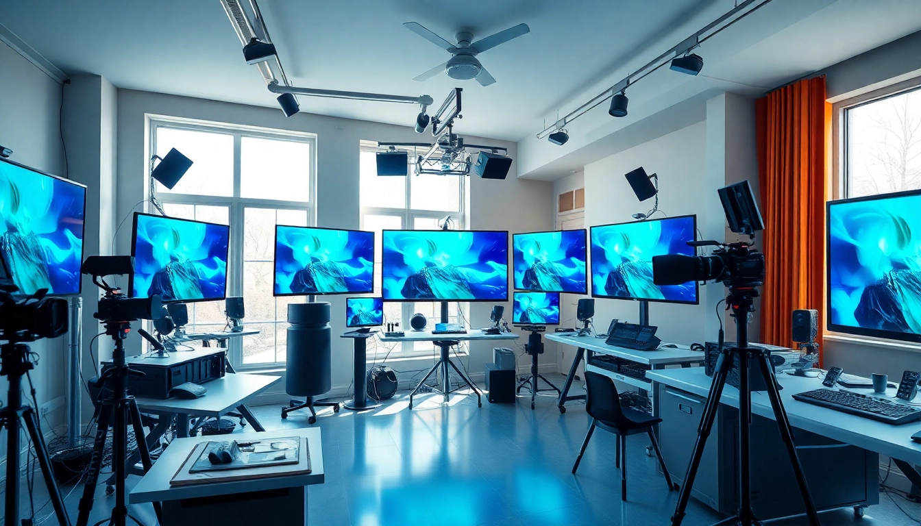 Creating content with an AI video generator in a vibrant studio setting.
