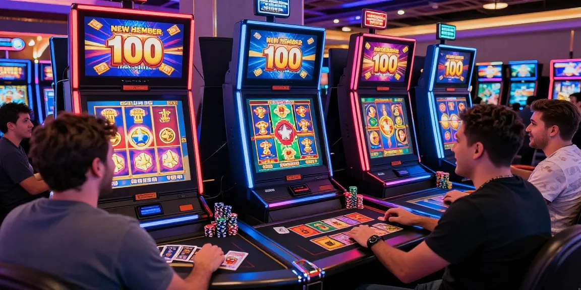 Excited players enjoying slot bonus new member 100 at vibrant casino.
