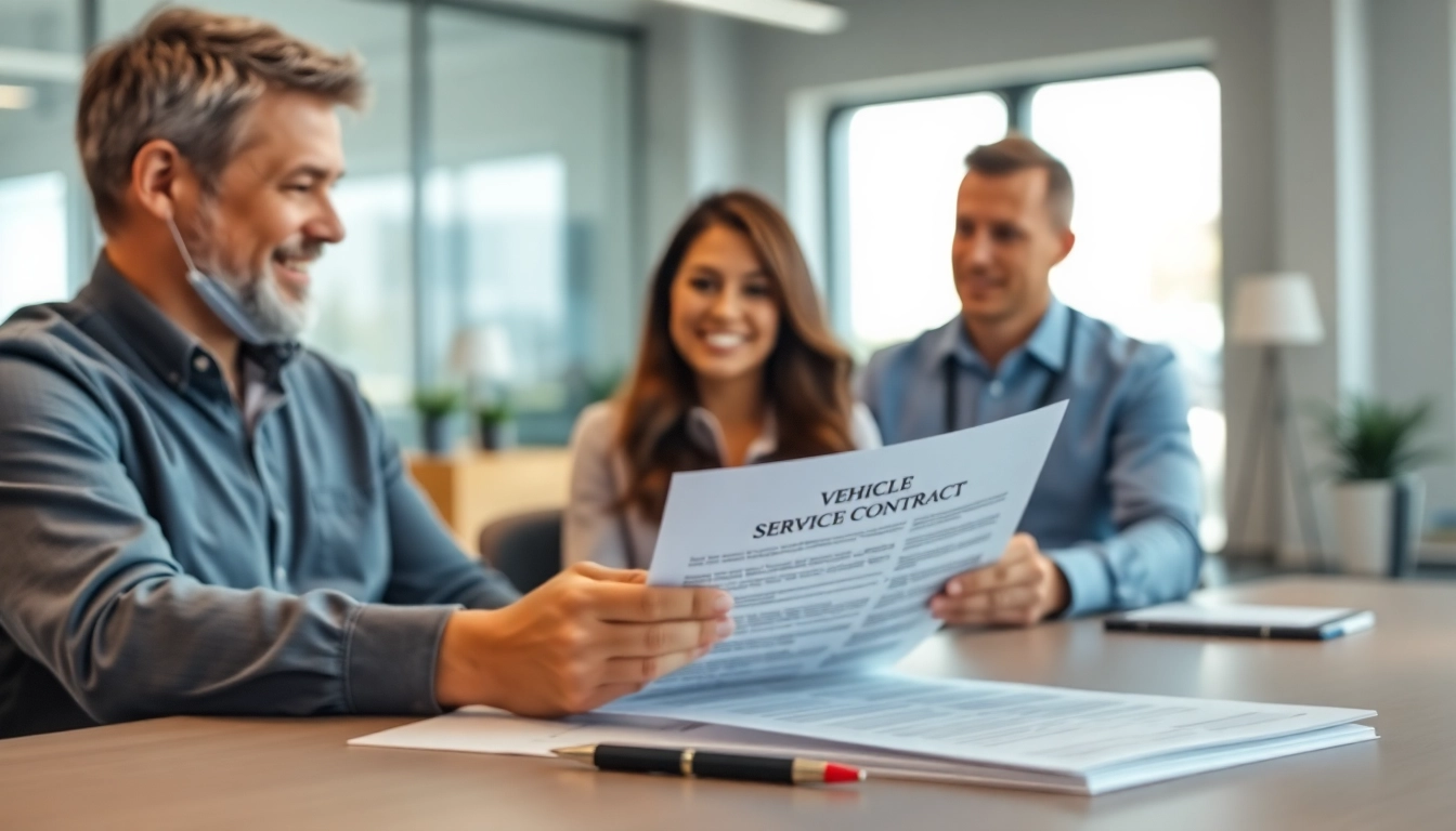 Reviewing a vehicle service contract with a knowledgeable agent in a professional setting.