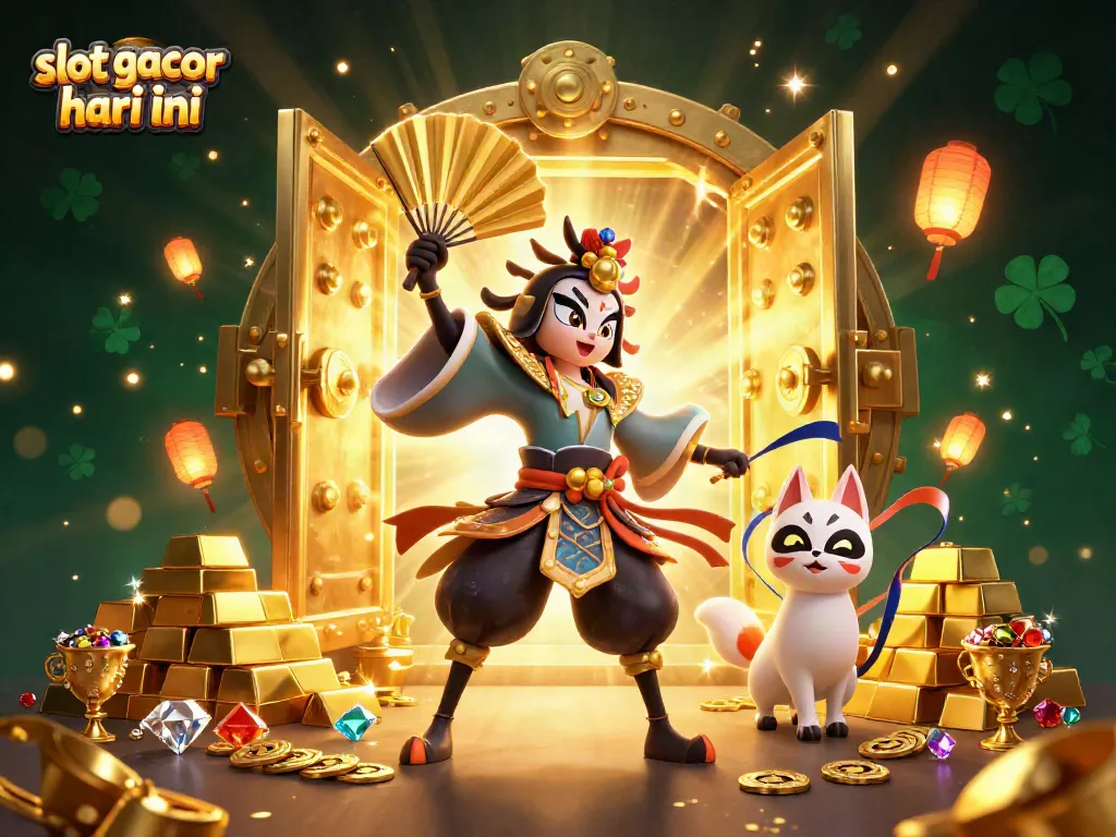 Slot gacor hari ini menyuguhkan ilustrasi mengasyikkan berisi karakter kasino digital dan harta karun berkilau.