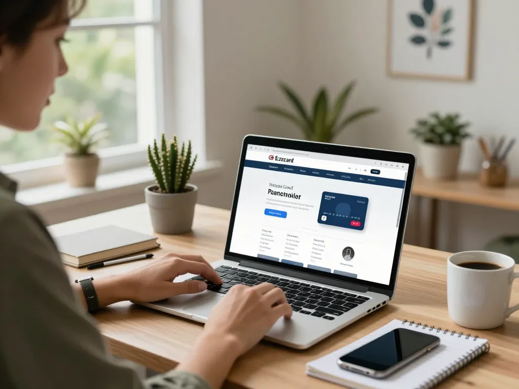 Individual using Ezzocard for secure online payments in a modern home office.