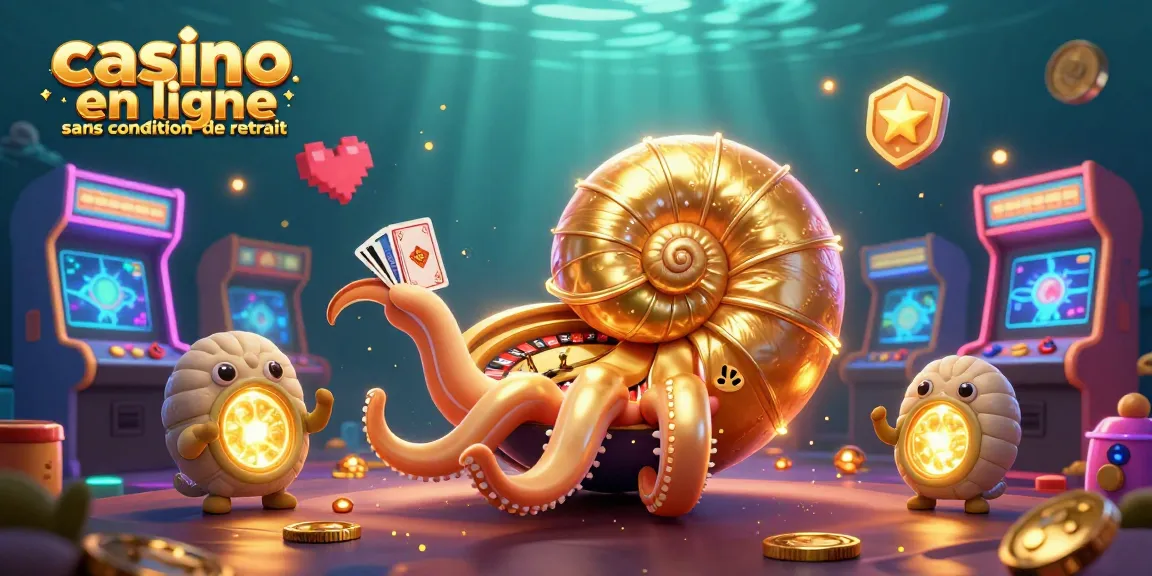 Illustration de casino en ligne sans condition de retrait avec un nautilus géant jouant aux cartes dans un décor vibrant.
