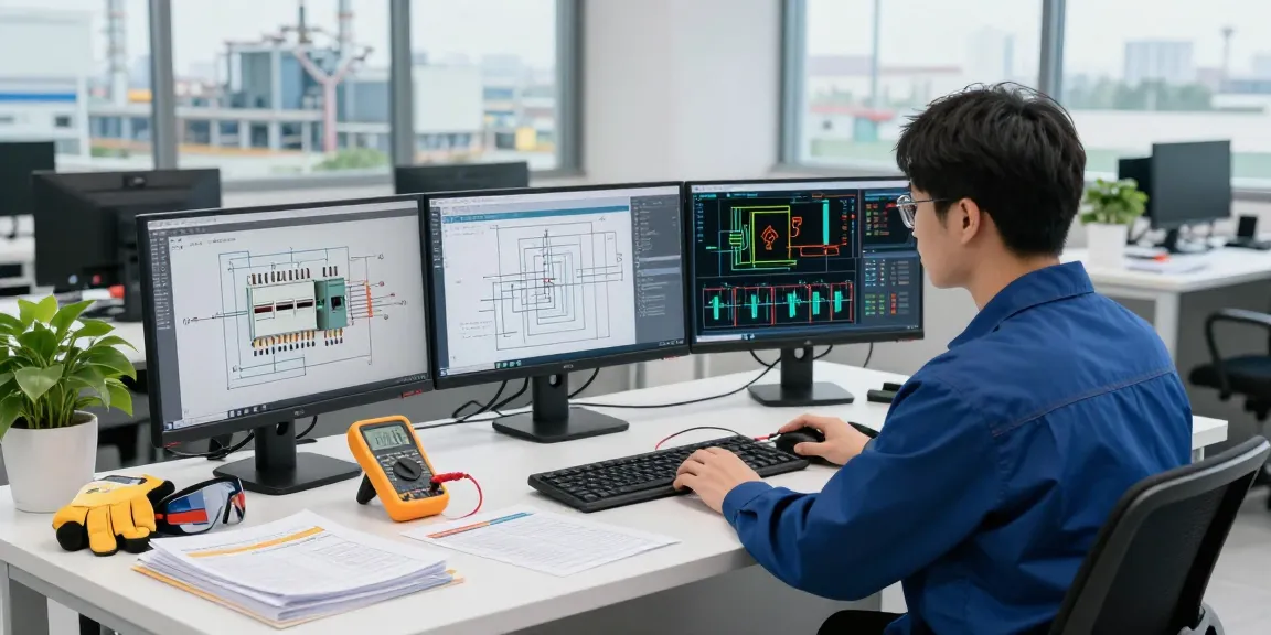 Technician reviewing an air circuit breaker in a modern engineering workspace.