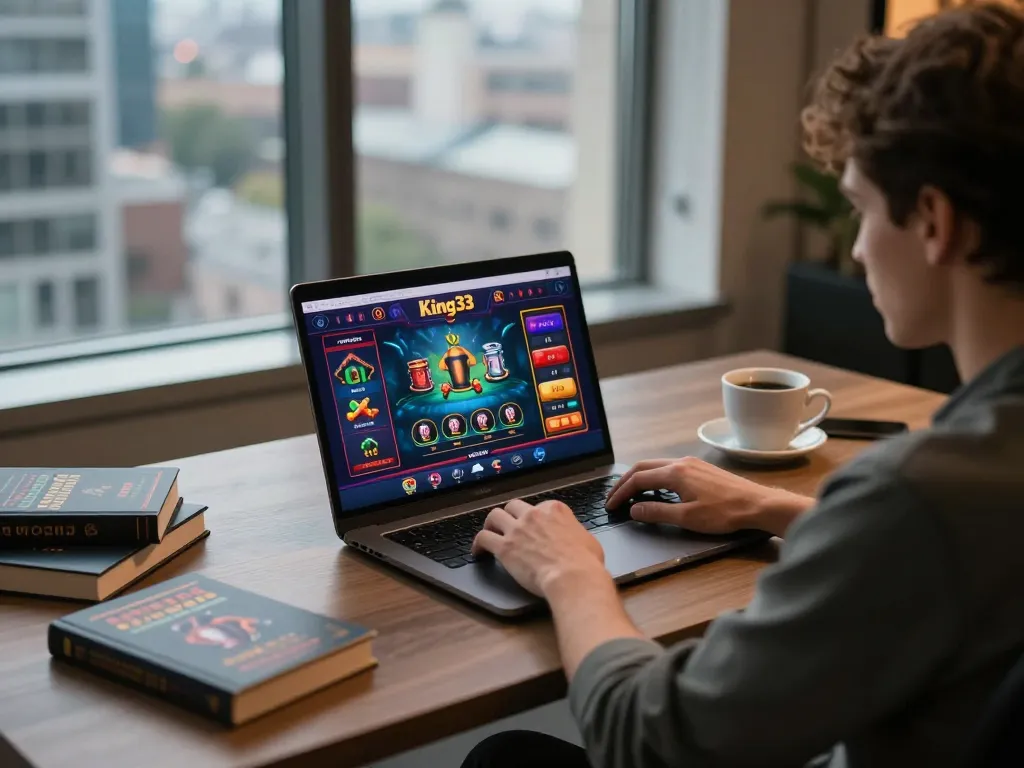 Player enjoying online casino games on King33, showcasing a strategic setup with laptop and betting notes.
