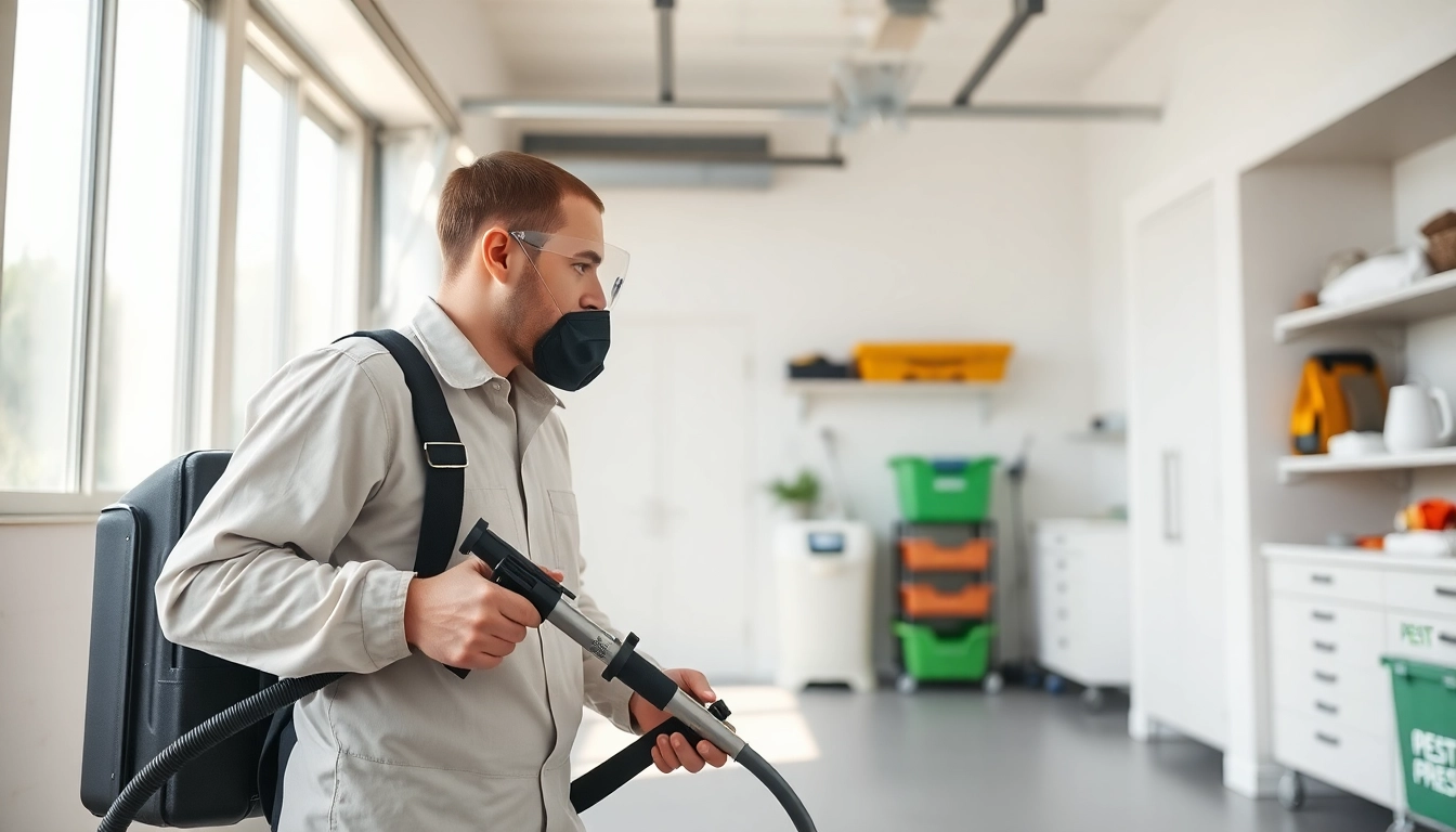 Efficient garage pest treatment being applied by a professional technician for effective pest control.