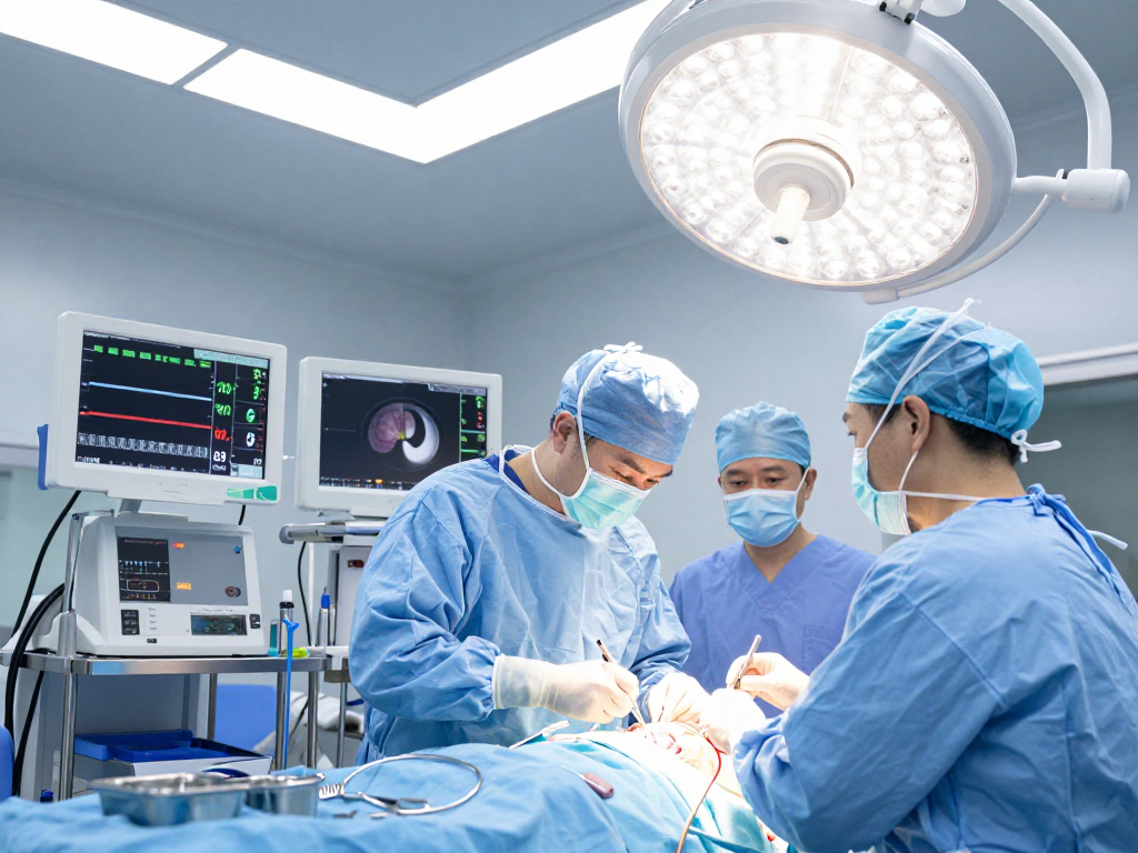 Engaged surgical team performing beyin tümörü ameliyatı in a bright operating room, demonstrating expert precision and advanced technology.