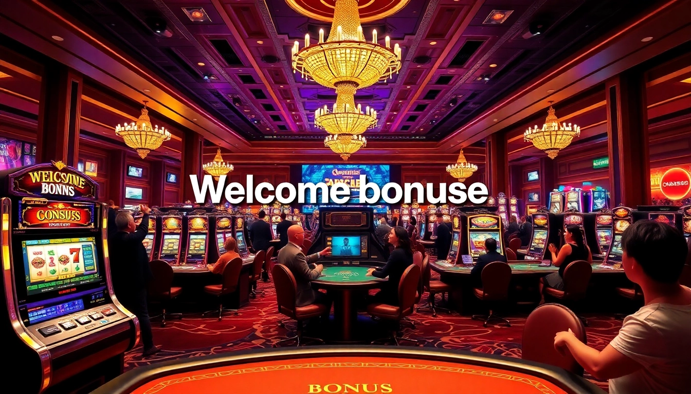 Experience exciting welcome bonuses in a vibrant casino setting with players enjoying games.